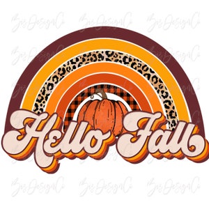 Hello fall png, Retro Fall sublimation designs downloads, fall rainbow png file, vintage leopard shirt pumpkin leaves autumn clipart files