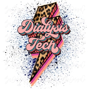 Puede incluir: Un gráfico retro rosa y azul con el texto "Dialysis Tech" en forma de rayo con un fondo de estampado de leopardo.