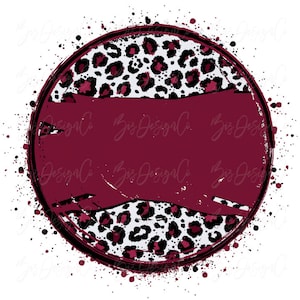 May include: A maroon circle with a white and black leopard print design. The circle has a distressed, grunge effect and is surrounded by white splatters.