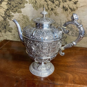 c1880, Antique 19thC Dixson silver plated CELLINI TEA POT
