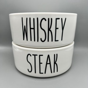 Steak & Whiskey Pet Bowls - No Spill Heavy Water Bowl - Cat Bowls - Personalized Dog Bowl - Ceramic 6&quot; or 7&quot; White
