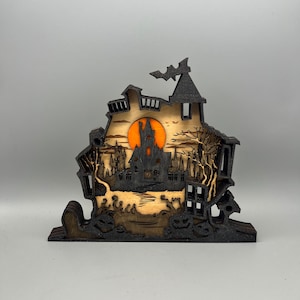 Haunted House 6 Layered Wood Art Decor - Happy Halloween - Hand Painted - Stained
