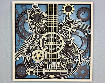 May include: A square wall art piece featuring a layered wooden guitar silhouette with intricate mechanical gear motifs and musical notes. The design incorporates light beige and dark brown wood tones set against a vibrant blue background.