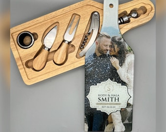 6 Piece Wine & Cheese Set with Custom Personalized Glass Cutting Board