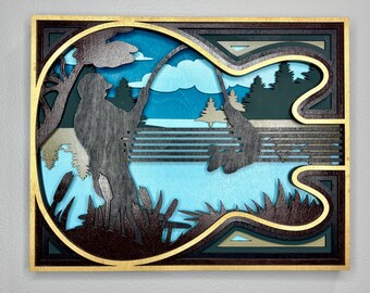 Fishing Guitar Wood Art – 7‑Layer Hand Painted Musical Wall Decor