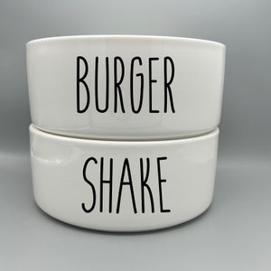 Burger & Shake Pet Bowls - No Spill Heavy Water Bowl - Cat Bowls - Personalized Dog Bowl - Ceramic 6&quot; or 7&quot; White