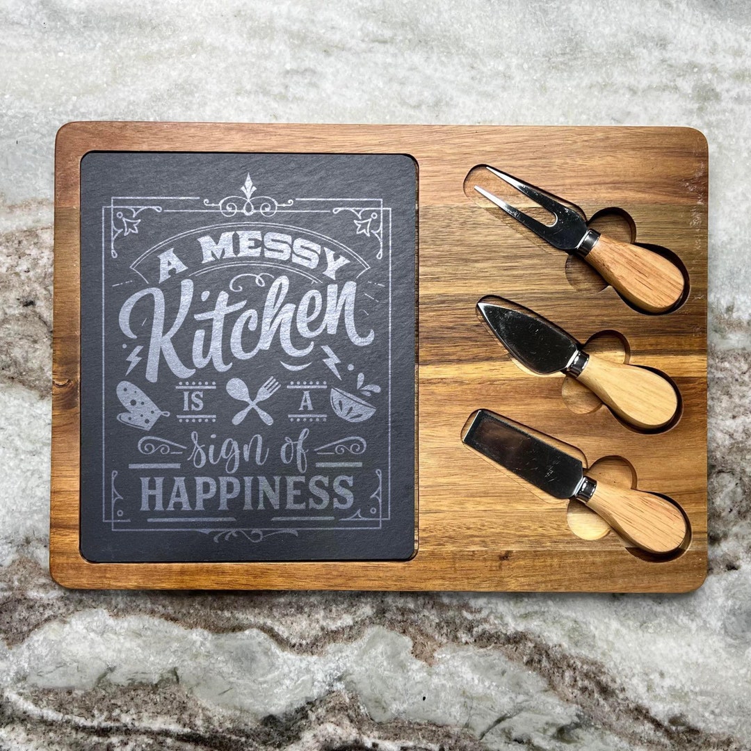 Engraved Acacia Wood Cheese Board Set: Messy Kitchen Design - Etsy