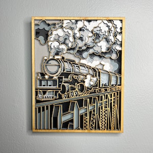 Layered Locomotive Wood Art – Hand Painted Train Decor for Collectors