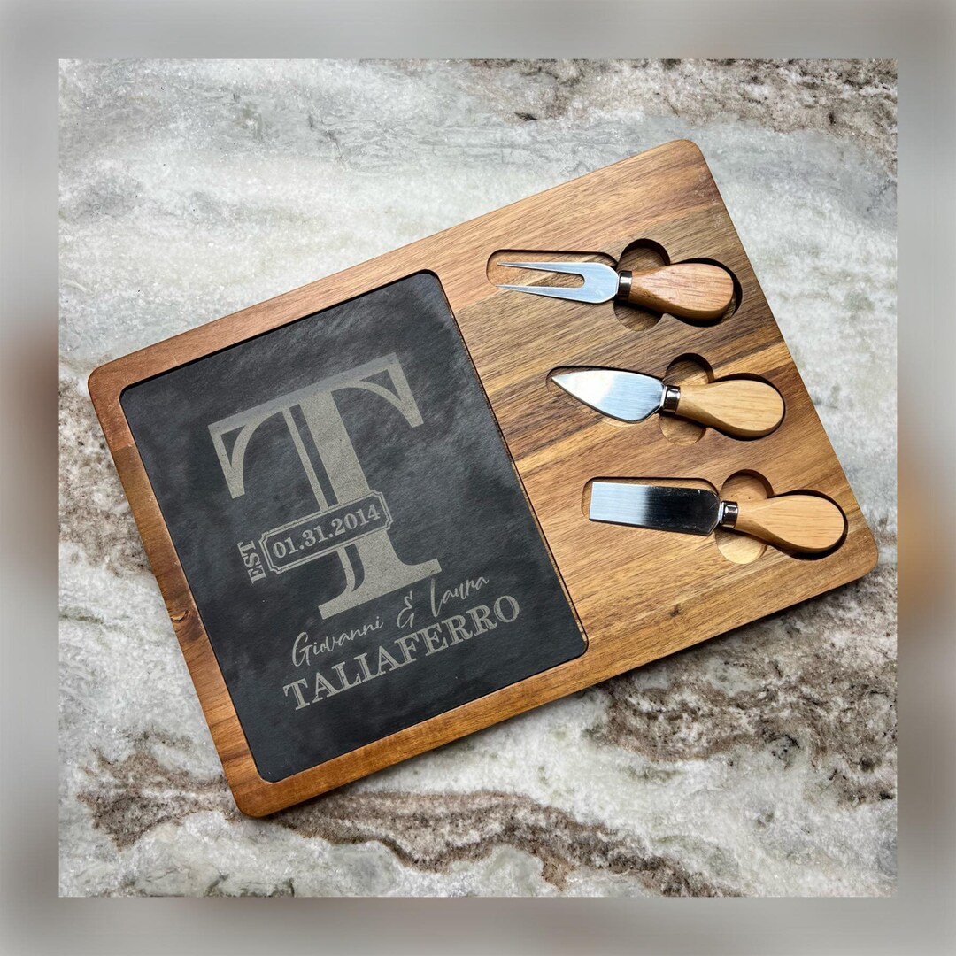 Personalized Acacia Wood & Slate Cheese Board Set With Tools - Etsy