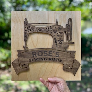 3D Wooden Sewing Room Sign: Personalized 12x12 Birch Decor
