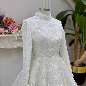 Veiled A-Line Wedding Dress, Hijab Muslim Wedding Dress, Beaded Lace Bridal Dress, High Neck Wedding Dress, Islamic Bridal Dress,Long Sleeve