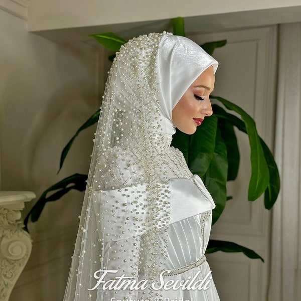 Veiled Modest Muslim Wedding Dress, Hijab Wedding Dress, Beaded Lace Bridal Dress, White Wedding Dress, Islamic Bridal Dress, Long Sleeve