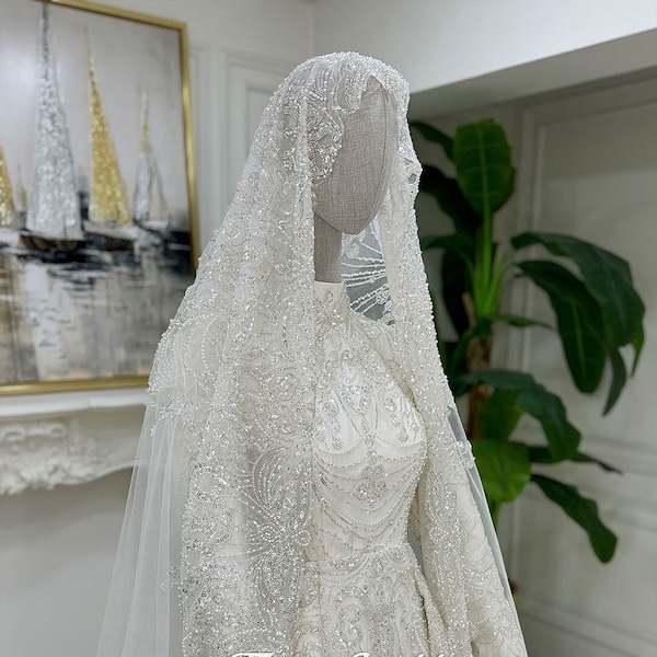 Veil+Modest Hijab Wedding Dress, Muslim Wedding Dress, Beaded Lace Bridal Dress, White Wedding Dress, Islamic Bridal Dress, Long Sleeve