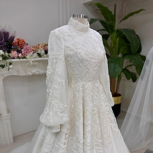 Veiled Lace Wedding Dress, Muslim Wedding Dress, Beaded Lace Hijab Bridal Gown, High Neck Wedding Dress, Islamic Dress, Long Sleeve Dress