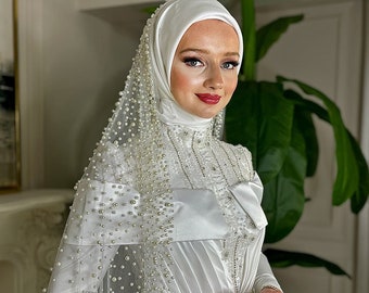 Veiled Modest Muslim Wedding Dress, Hijab Wedding Dress, Beaded Lace Bridal Dress, White Wedding Dress, Islamic Bridal Dress, Long Sleeve