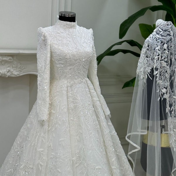 Veil+Hijab Wedding Dress, Elegant Muslim Wedding Dress, Beaded Lace Bridal Dress, White Wedding Dress, Islamic Bridal Dress, Long Sleeve