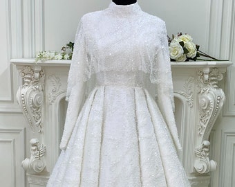 Lace Cape Muslim Wedding Dress, Beaded Lace Bridal Dress, Hijab Wedding Dress, White Wedding Dress, Islamic Dress, Long Sleeve Dress