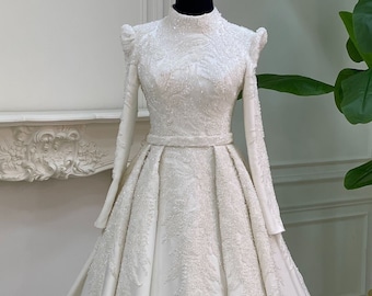 Veil+Hijab Wedding Dress, Elegant Muslim Wedding Dress, Beaded Lace Bridal Dress, White Wedding Dress, Islamic Dress, Long Sleeve Dress