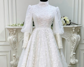 Veil+Elegant Muslim Wedding Dress, Beaded Lace Bridal Gown, Hijab Wedding Dress, White Wedding Dress, Islamic Dress, Long Sleeve Dress