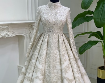 Beaded Lace Hijab Wedding Dress, Limited Edition, Elegant Muslim Wedding Dress, Lace Bridal Dress, White Wedding Dress, Long Sleeve Dress