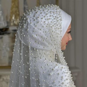 Pearl Lace Cathedral Veils: Beaded Bridal Hijab Head Set