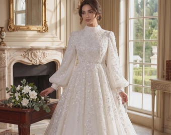 lace cape dress muslimah Modest Hijab Wedding Dress with Detachable Lace Cape, Long Sleeve Bridal Gown 40 / Cream