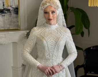 Luxury Muslim Wedding Dress, Beaded Lace Bridal Dress, Hijab Wedding Dress, White Wedding Dress, Islamic Bridal Gown, Arabic Bridal Gown