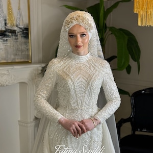 Luxury Muslim Wedding Dress, Beaded Lace Bridal Dress, Hijab Wedding Dress, White Wedding Dress, Islamic Bridal Gown, Arabic Bridal Gown