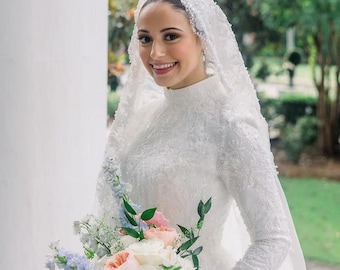 Muslim Wedding Dress with Hijab, High Neck Long Sleeve Beaded Lace Couture Ballgown Set
