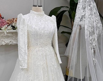 Veiled Muslim Wedding Dress, Beaded Lace Bridal Dress, High neck Wedding Dress, White Wedding Dress, Islamic Bridal Dress, Long Sleeve Dress
