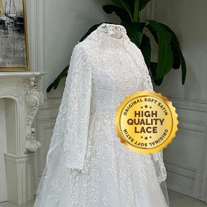 Veiled Lace Muslim Wedding Dress, Hijab Wedding Dress, Beaded Lace Bridal Dress, White Wedding Dress,Islamic Bridal, Long Sleeve Bridal Gown