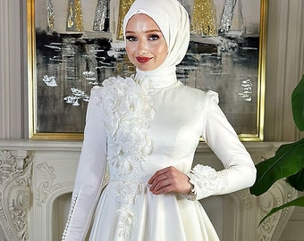 3D Elegant Muslim Wedding Dress, Beaded Lace Bridal Dress, Hijab Wedding Dress, Hijab Bridal Gown, Islamic Bridal Dress, Long Sleeve Dress