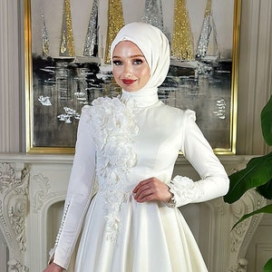 3D Elegant Muslim Wedding Dress, Satin Muslim Bridal Gown, Hijab Wedding Dress, Hijab Bridal Gown, Islamic Bridal Dress, Long Sleeve Dress