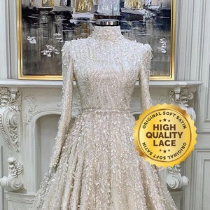Luxury Beaded Lace Muslim Wedding Dress: Long Sleeve Hijab Bridal Gown
