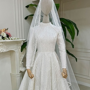 Veiled Hijab Wedding Dress, Luxury Beaded Lace Bridal Gown, Modest Muslim Wedding Dress, Islamic Long Sleeve Gown, Custom Made