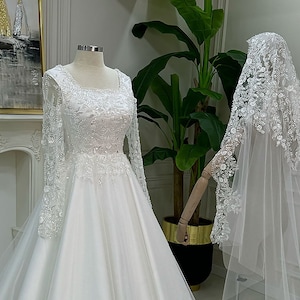 Veiled Hijab Wedding Dress, Quality Lace Bridal Gown, Long Sleeve Muslim Dress, Modest Beaded Gown, Islamic White Wedding Dress