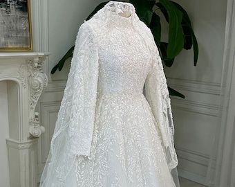 Veiled Muslim Wedding Dress, Hijab Wedding Dress, Beaded Lace Bridal Dress, White Wedding Dress, Islamic Bridal, Arabic Bridal Gown
