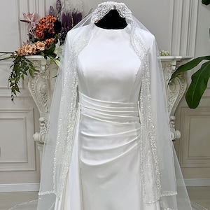 Veiled Modest Muslim Wedding Dress, Hijab Wedding Dress, Satin Muslim Bridal Gown, White Wedding Dress, Islamic Bridal Dress, Long Sleeve