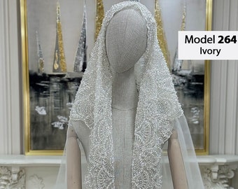 PART3- Long Lace Veils / Hijab Head Set, Wedding Long Veil, Cathedral Veil, Beaded Lace Veil, Muslim Bride Head Set, Mantilla Veil