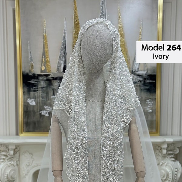 PART3- Long Lace Veils / Hijab Head Set, Wedding Long Veil, Cathedral Veil, Beaded Lace Veil, Muslim Bride Head Set, Mantilla Veil