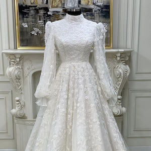 Veiled Balloon Sleeve Wedding Dress, Muslim Wedding Dress, Beaded Lace Bridal Dress, Hijab Wedding Dress, White Wedding Dress, Islamic Dress