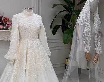 Veiled Lace Hijab Wedding Dress, Muslim Wedding Dress, Beaded Lace Bridal Gown, High neck Wedding Dress, Islamic Dress, Long Sleeve Dress