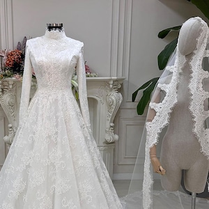 Veiled Hijab Wedding Dress, Quality Lace Bridal Gown, Long Sleeve Muslim Dress, Modest Beaded Gown, Islamic White Wedding Dress