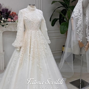 Muslim Wedding Dress with Hijab, Beaded Lace High Neck Long Sleeve Couture Ballgown