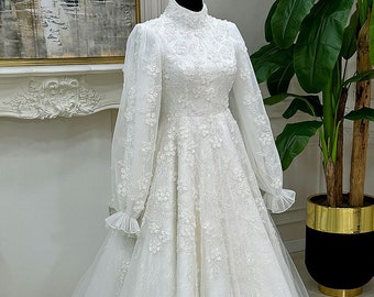 3D Lace Muslim Wedding Dress, Hijab Wedding Dress, Beaded Lace Bridal Dress, White Wedding Dress, Islamic Bridal Dress, Long Sleeve Dress