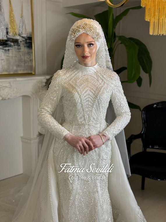 Muslim Wedding Dress With Hijab, Beaded Lace High Neck Long Sleeve A-line  Ballgown - Etsy Finland
