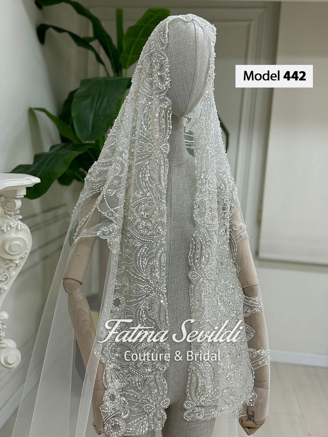 Veiled Model PART6 Beaded Lace Cathedral Bridal Veil, Hand-sewn Appliqué, Luxury ...