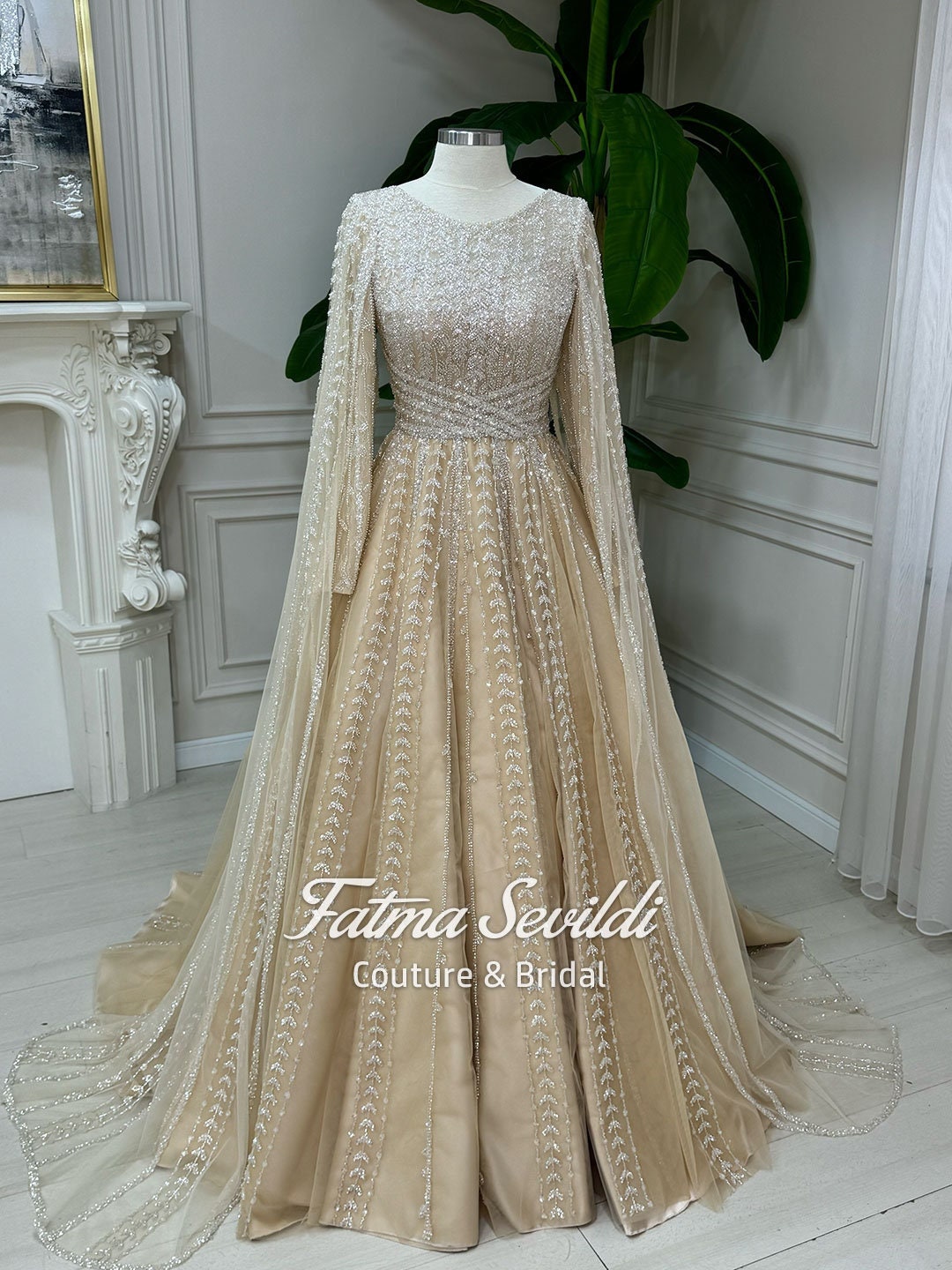 Muslim Beige Luxury Evening Dresses Gowns 2025 Lace Beaded  A-Line Wedding Party For Woman LA71196 main image 1