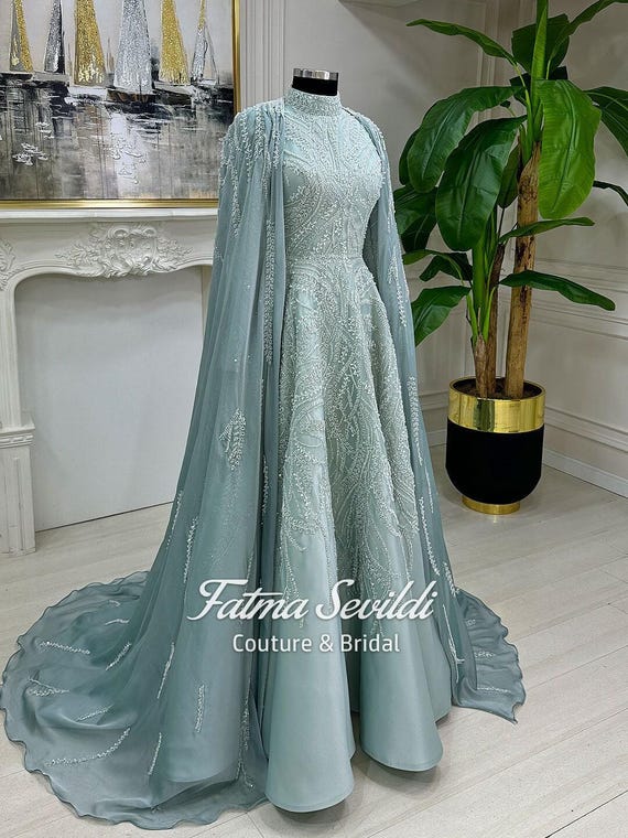 Caped Hijab Evening Gown, High Neck Long Sleeve Beaded Lace Modest Ballgown  - Etsy Denmark