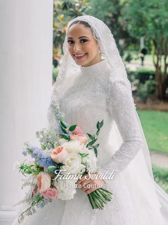 lace hijab dress Muslim Wedding Dress with Hijab, High Neck Long Sleeve Beaded Lace Couture Ballgown Set